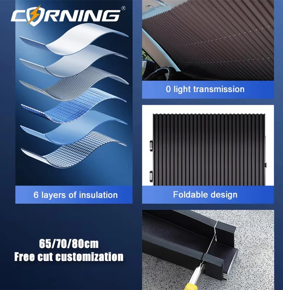 CORNING Retractable Windshield Sunshade — 99% UV Protection