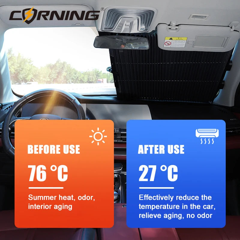 CORNING Retractable Windshield Sunshade — 99% UV Protection