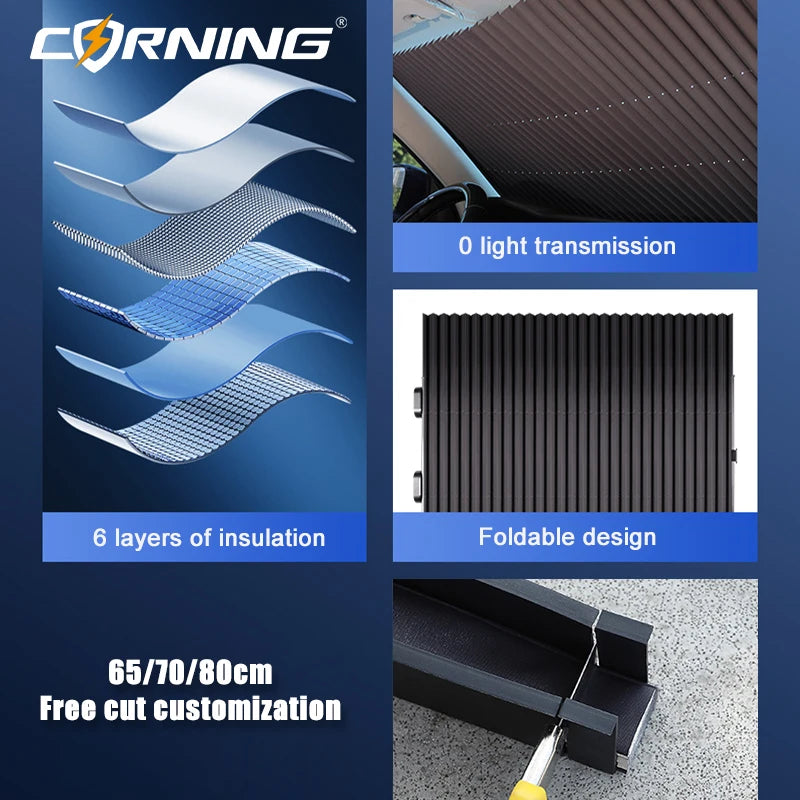CORNING Retractable Windshield Sunshade — 99% UV Protection